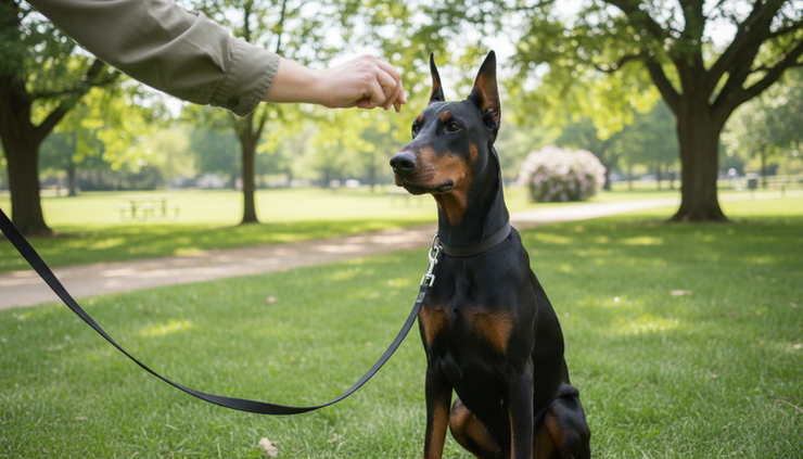Low-angle view of a Doberman Pinscher practicing sit during an outdoor training session