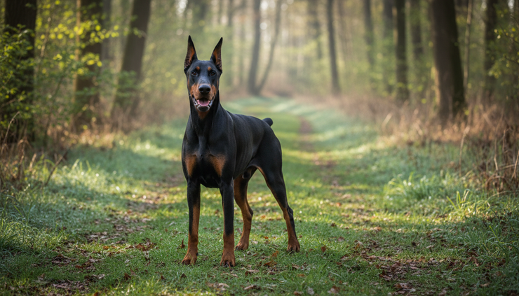 Eye-level view of a black and rust Doberman Pinscher standing on a grassy trail