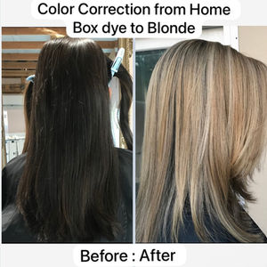 Client used at home box dye and needed to come in for our San Diego Hairstylist Color Correction service