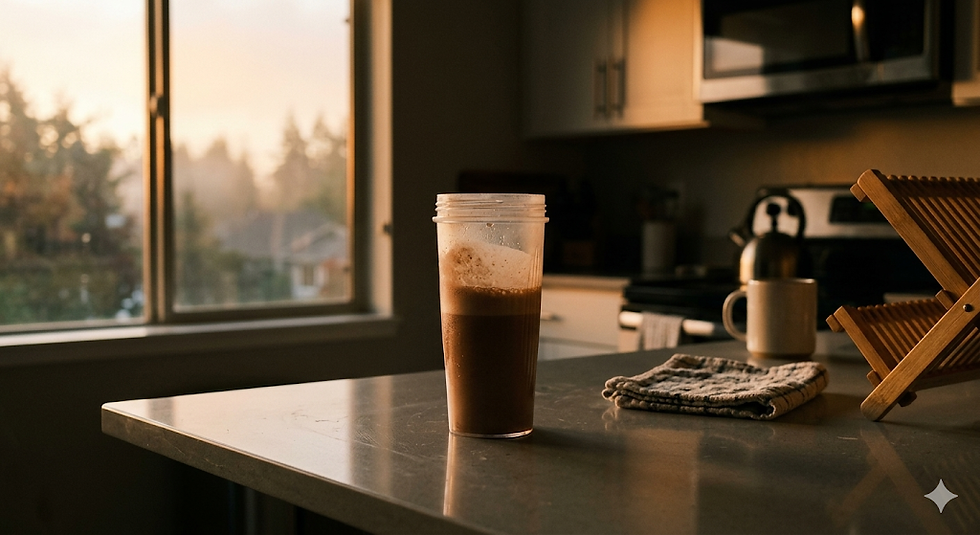 "Protein shake on kitchen counter at dawn, representing the first fuel deposit for a man in betrayal trauma