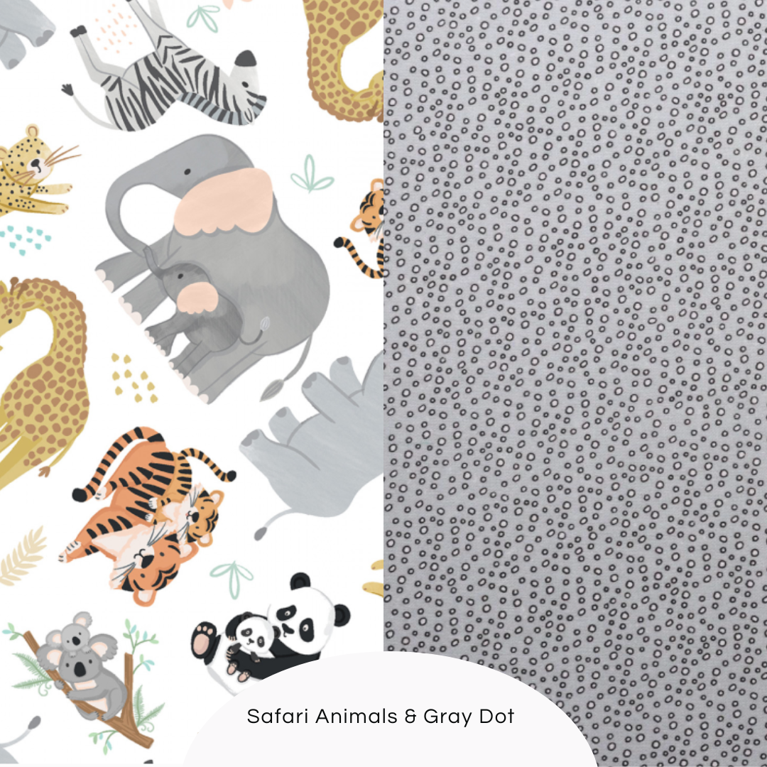 Cotton flannel baby blanket and burp cloth set, Safari animals & gray print