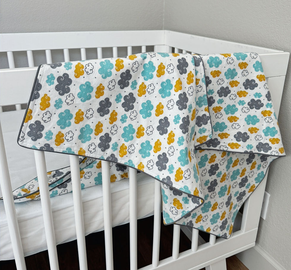 Thumbnail: Double layer Oversized 100% cotton flannel baby blanket and burp cloth in wonderful print and coordinating trim cloud play