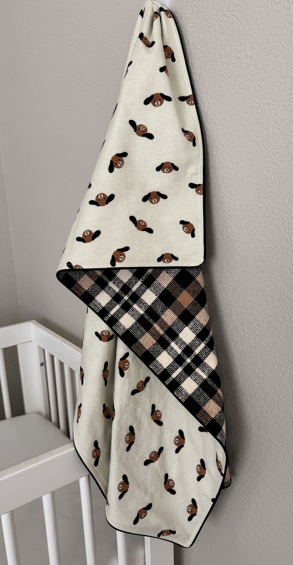 Thumbnail: 100% Cotton Prewashed Flannel baby blanket and burp cloth set puppies & plaid print