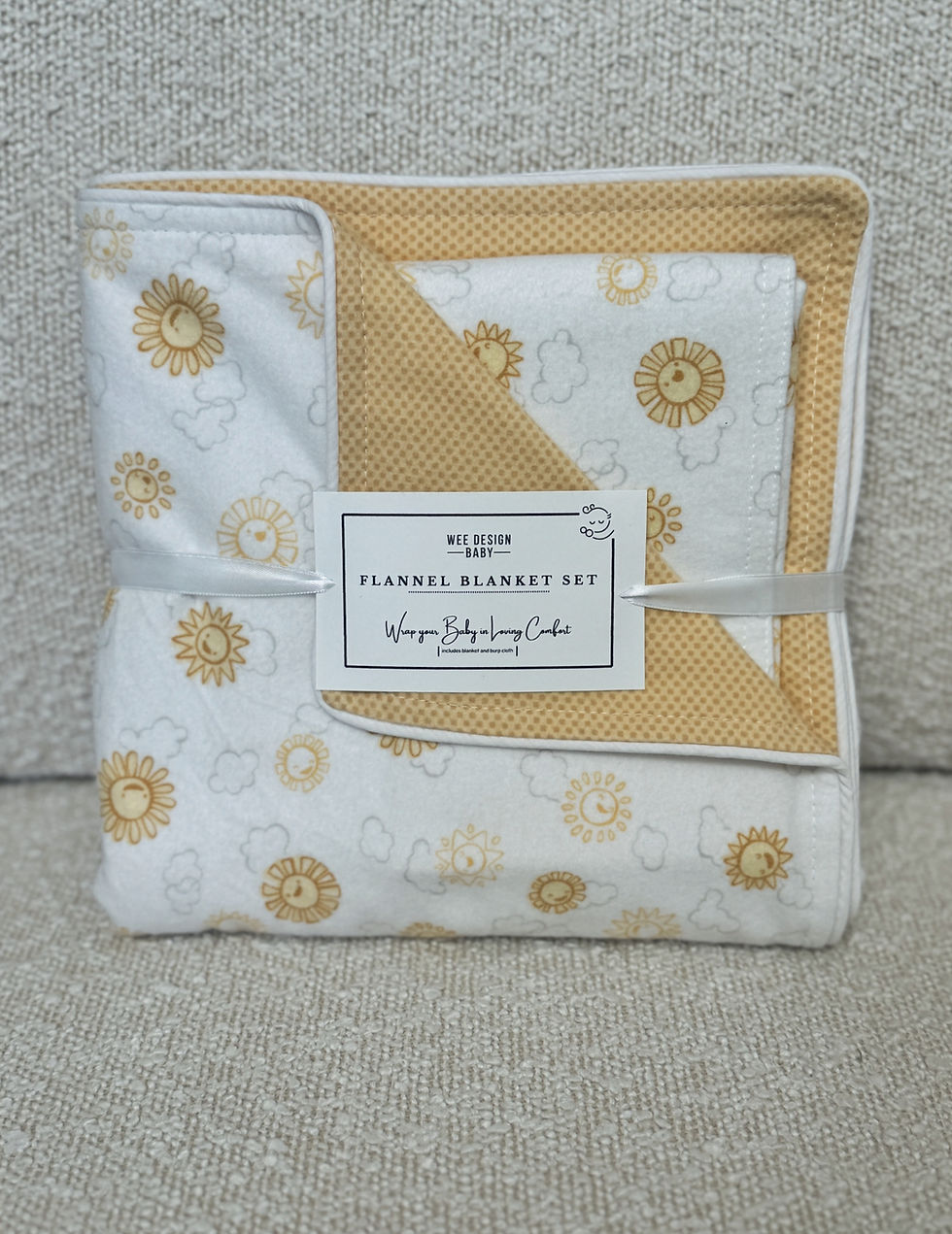 Double layer Oversized 100% cotton flannel baby blanket and burp cloth in wonderful print and coordinating trim sun clouds