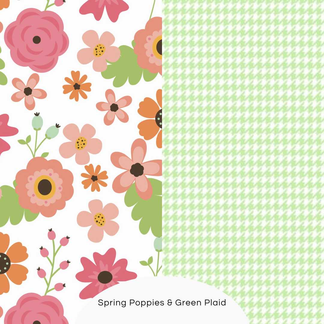 Cotton flannel baby girl blanket and burp cloth set, Floral and green herringbone check print