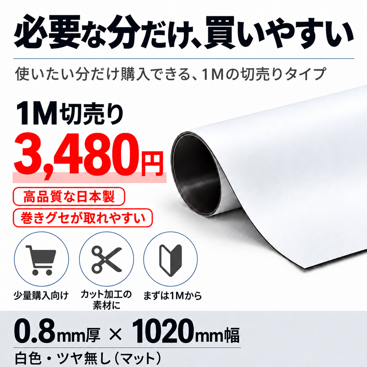 日本製で高品質な車両用・屋外用マグネットシート つや無し白色 0.8×1020×10M 画像