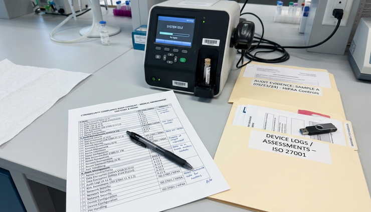 Close-up view of a security checklist beside a medical testing device.
