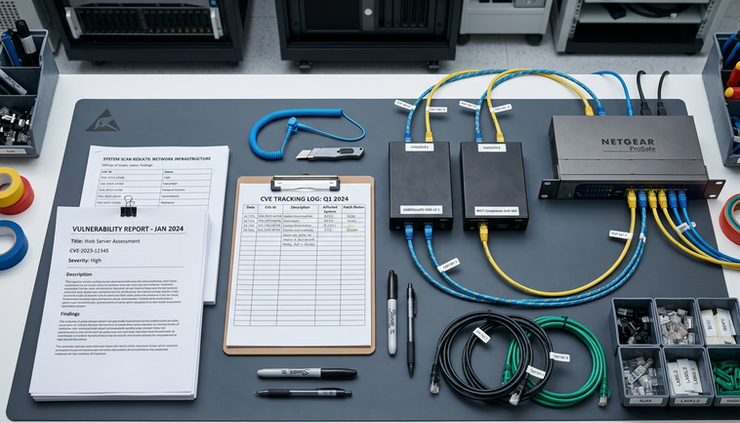 Overhead view of labeled vulnerability reports next to secured hardware modules.