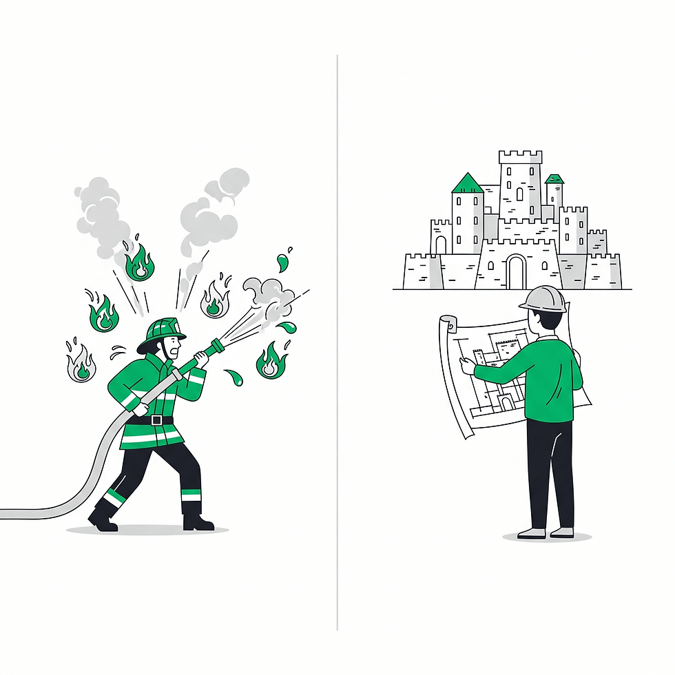 A split image contrasting a reactive firefighter with a proactive architect, symbolizing the shift enabled by a customer success strategy.