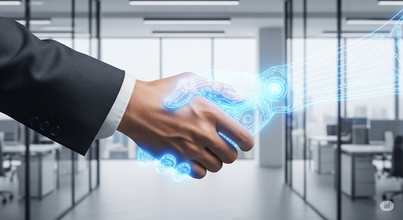 A human hand and a digital AI hand shaking, symbolizing a successful AI integration strategy for B2B growth.
