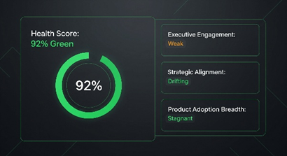 A modern dashboard contrasting a high client health score with weak proactive signals like executive engagement and strategic alignment.
