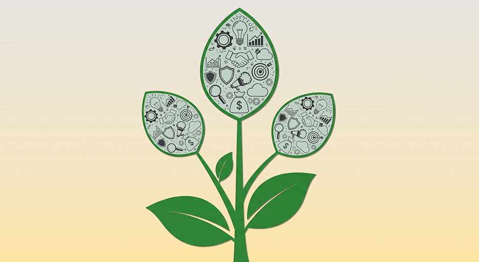 The Veridian Growth Solutions thought leadership icon, a plant sprout filled with symbols of business strategy and innovation.