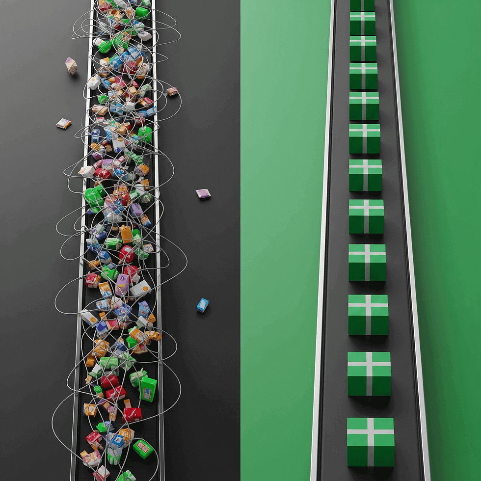 A split image showing a chaotic assembly line versus an orderly one, illustrating the consistent customer experience (CX) delivered by a formal playbook.