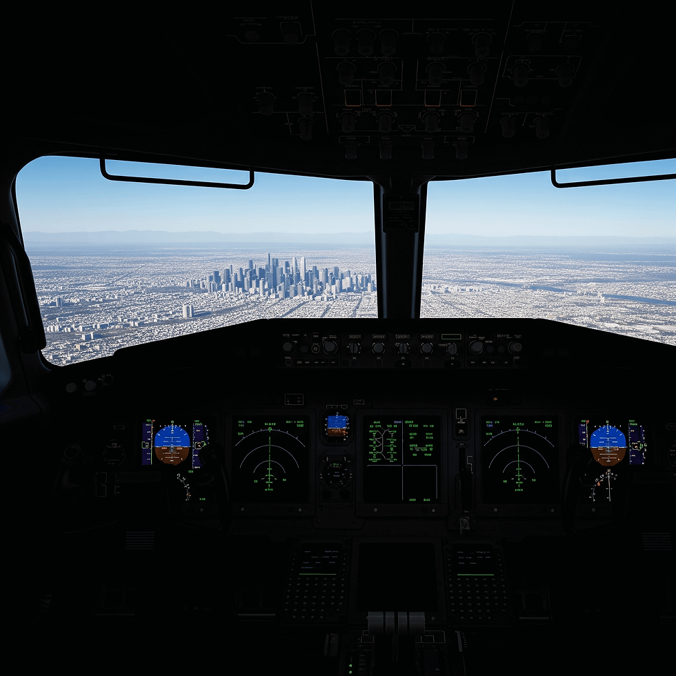 The view from a dark airplane cockpit overlooking a city, symbolizing the danger of 'flying blind' without a data-driven customer success strategy.
