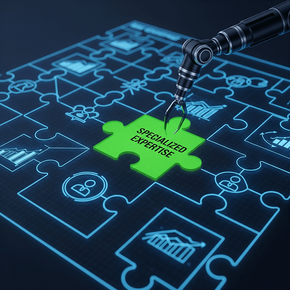 A glowing puzzle piece of 'Specialized Expertise' fitting into a business blueprint, representing the value of hiring expert BPO services.