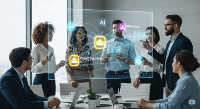 A business team engaging in AI-human collaboration, reviewing a client success framework on a screen as part of their AI integration strategy.