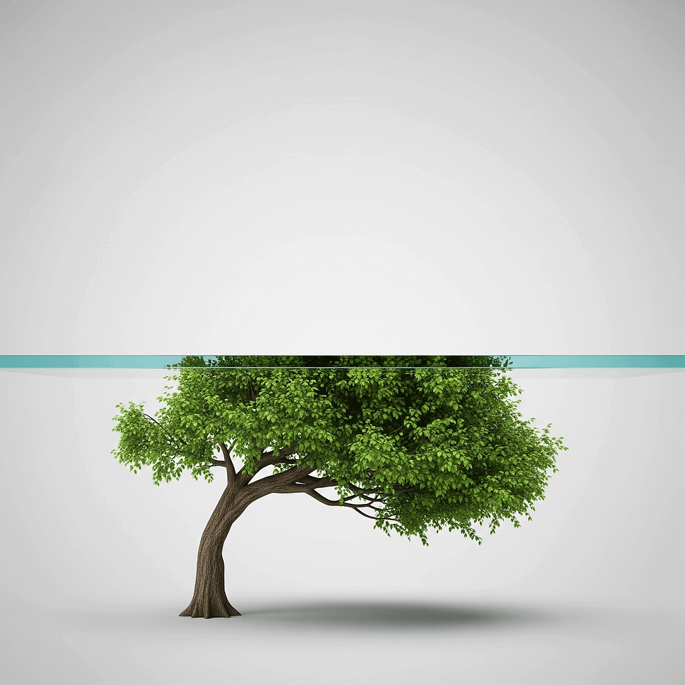 A strong tree hitting a glass ceiling, representing the 'growth ceiling' businesses face from low expansion revenue without a customer success strategy.