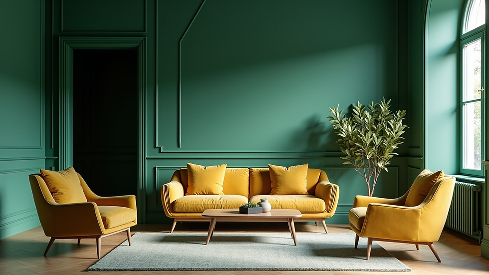 Eye-level view of a living room with deep emerald green walls and gold accents