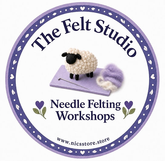 A sheep is standing on a purple felting mat with a needle and wool
