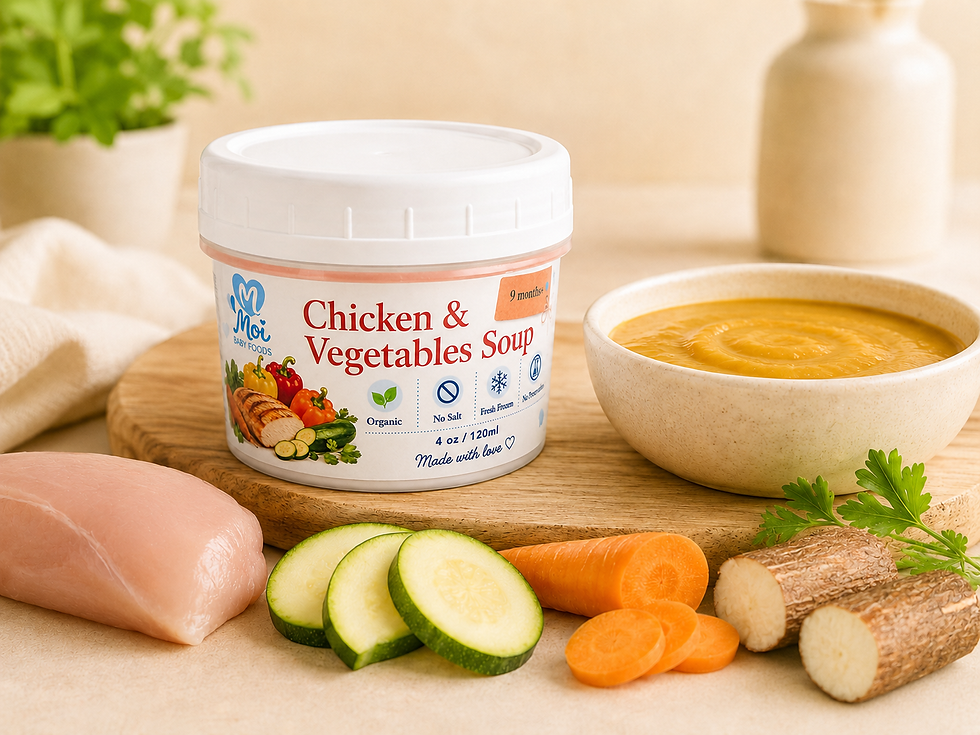 Chicken and vegetables baby soup with fresh ingredients