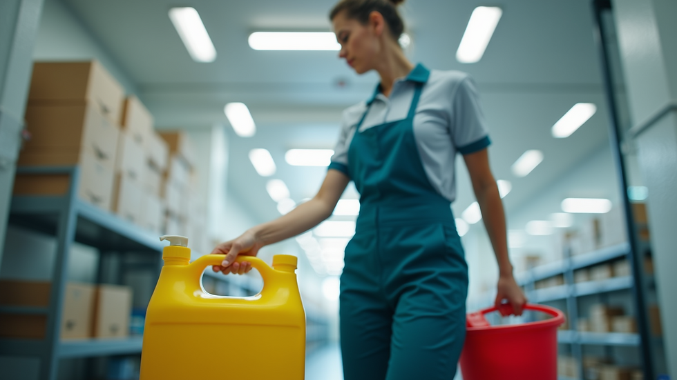 Close-up view of a uniformed cleaning staff member preparing cleaning supplies
