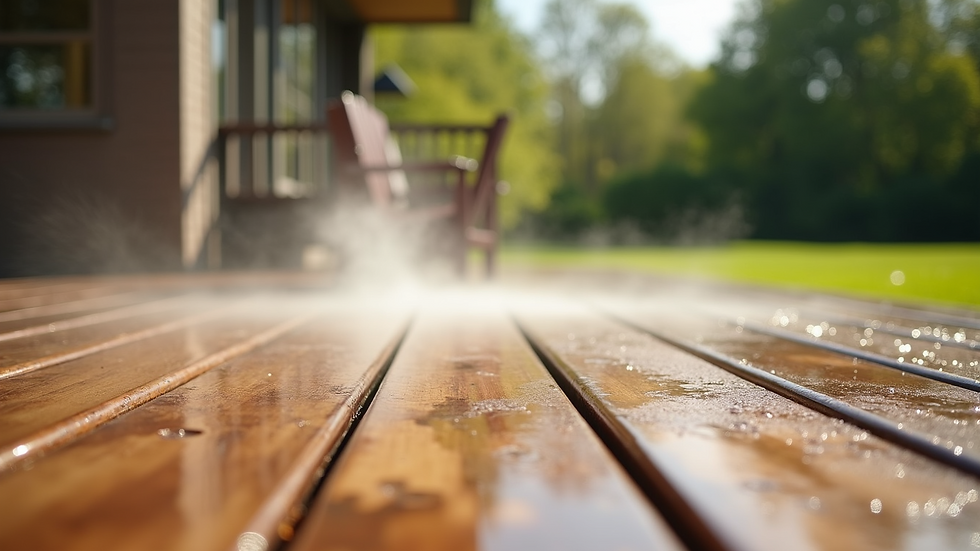 Close-up view of a clean wooden deck after power washing