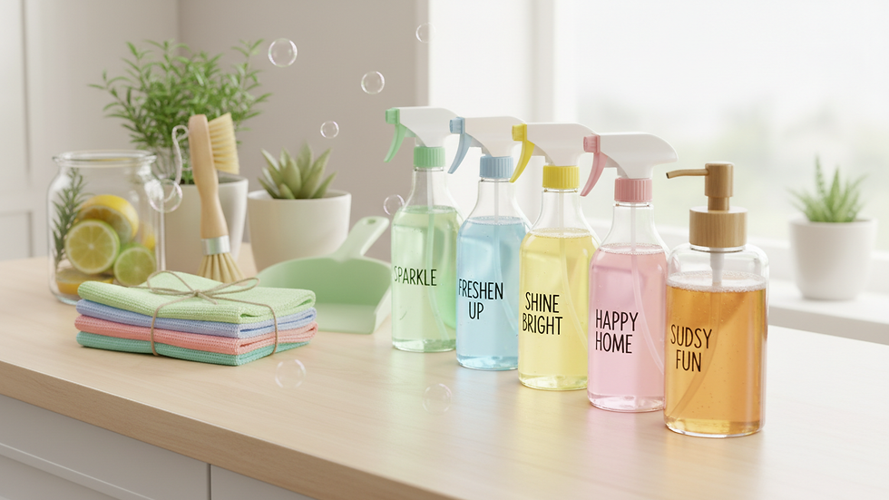 Close-up view of cleaning supplies arranged neatly on a countertop
