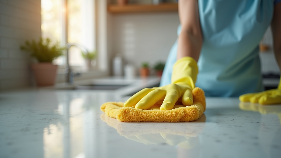 Close-up of a professional cleaner wiping a kitchen countertop with a microfiber cloth