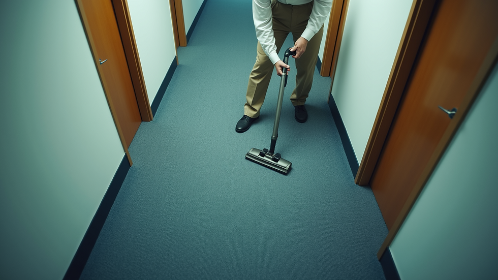 High angle view of a janitor vacuuming a carpeted office floor