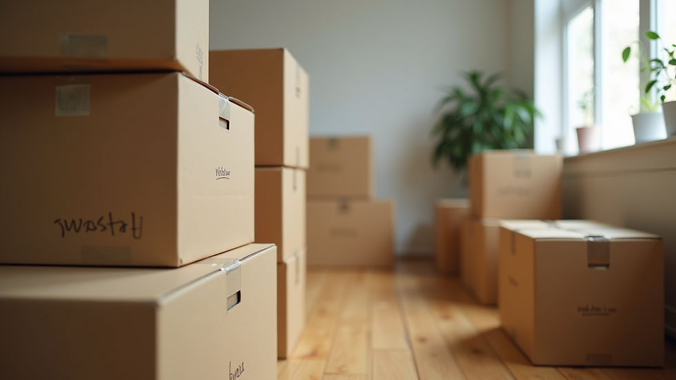 Eye-level view of organized boxes stacked for moving