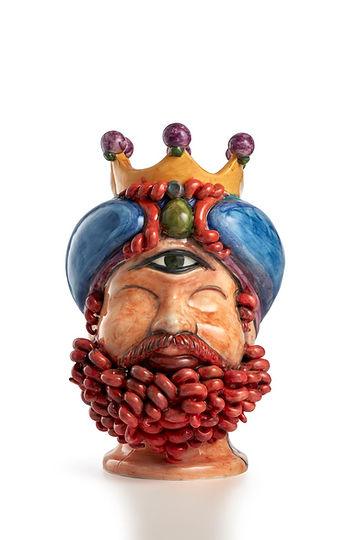 Testa di ceramica di caltagirone ciclope dalla barba rossa e turbante blu