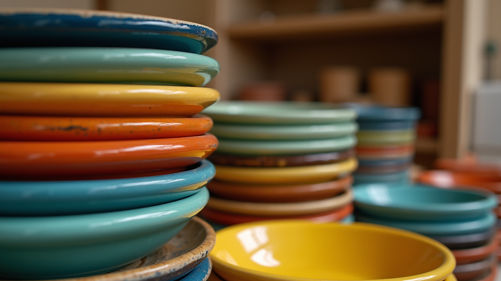 Close-up view of colorful Sicilian ceramic plates stacked in a workshop
