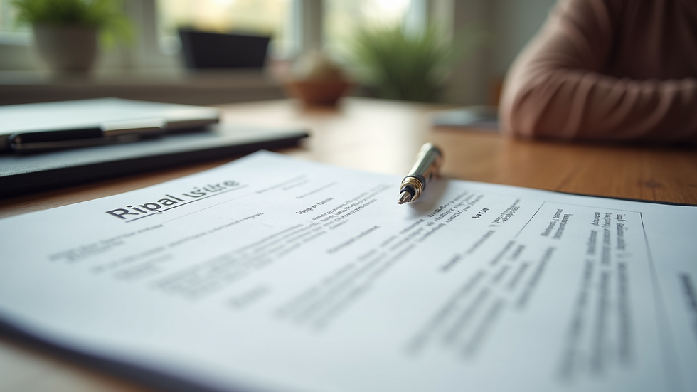 Close-up view of legal documents and a pen on a wooden desk