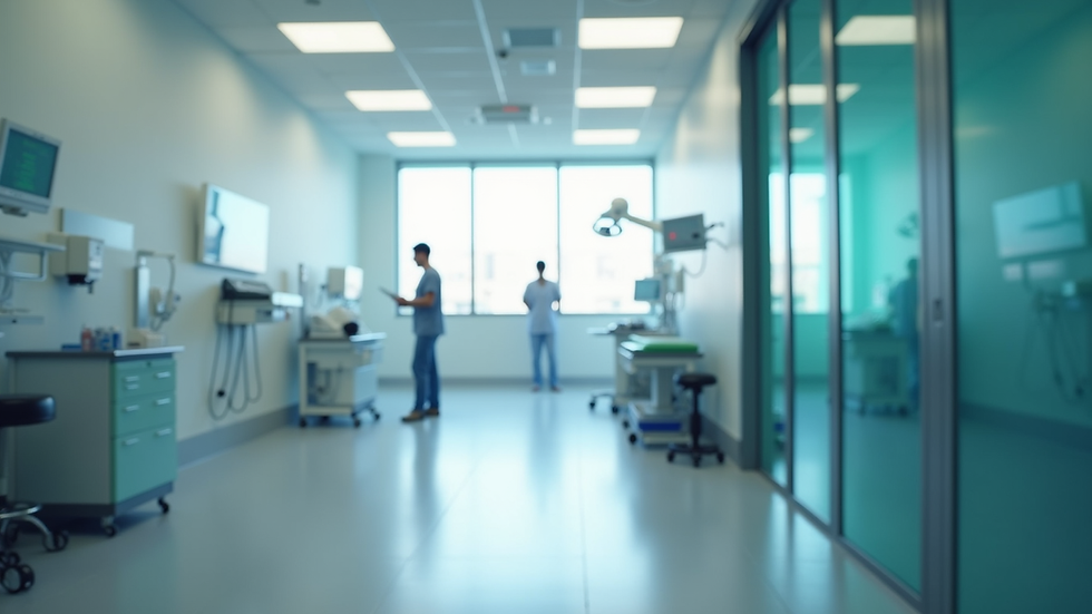 Vista frontal de clínica médica moderna com fachada clara e acessível