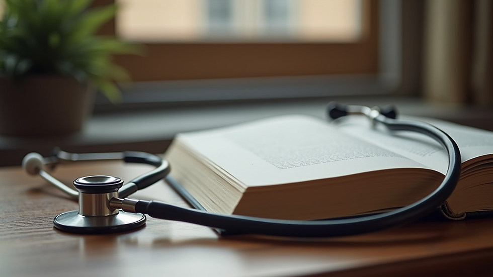 Eye-level view of a legal book and stethoscope on a wooden desk