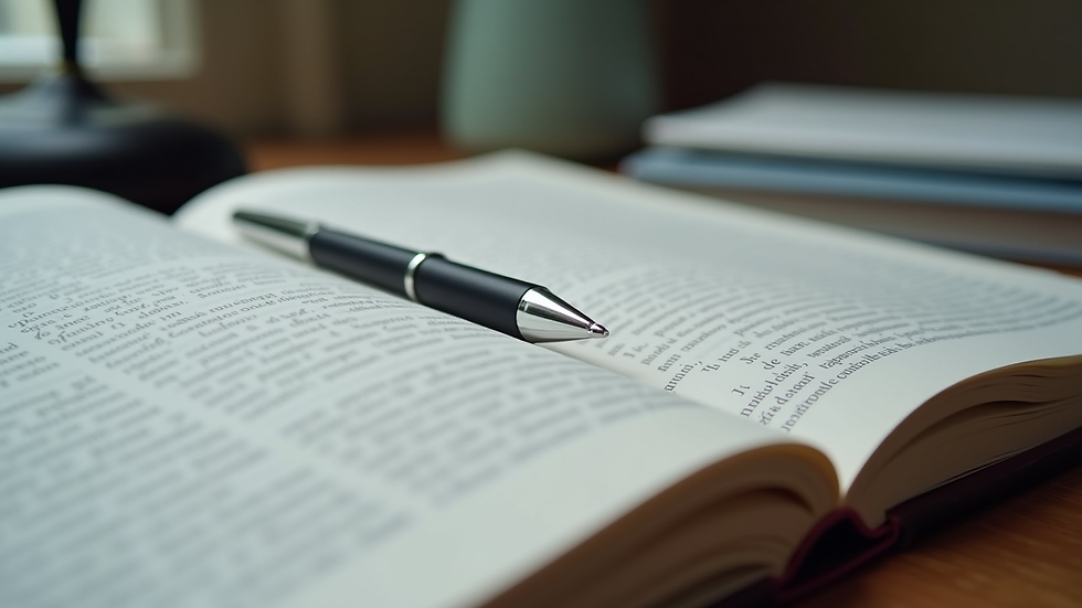 Eye-level view of a legal book open on a desk with a pen