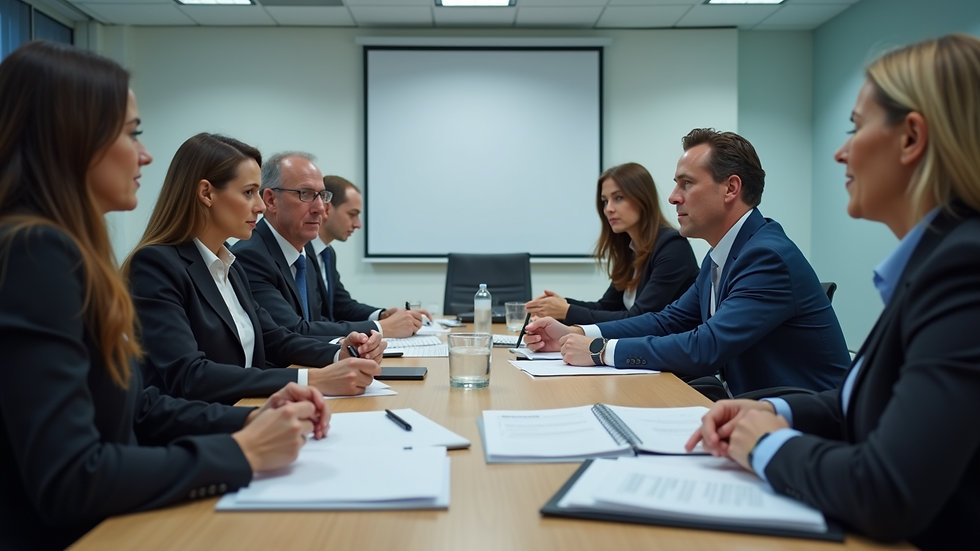 Eye-level view of a corporate meeting room with legal advisors discussing documents