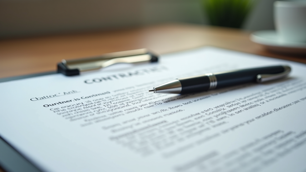 Close-up view of a contract document with a pen on a wooden desk