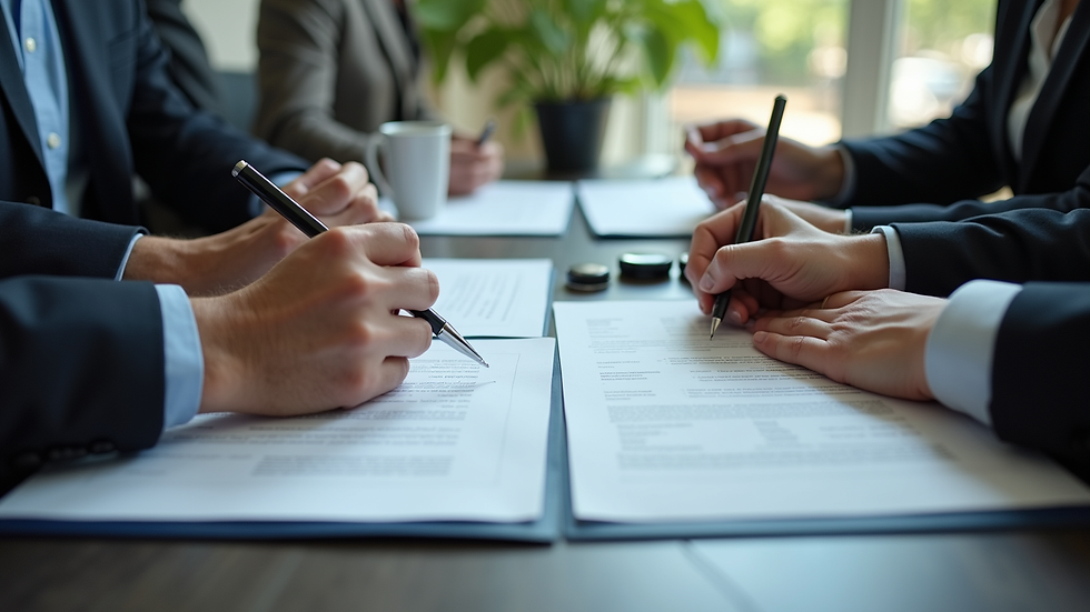 High angle view of a business meeting with contract documents on the table