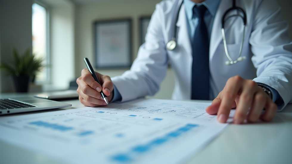Eye-level view of a legal professional analyzing medical documents