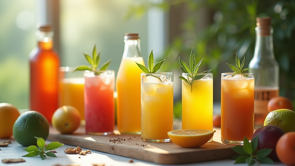 Wide angle view of a vibrant display of organic CBD drinks