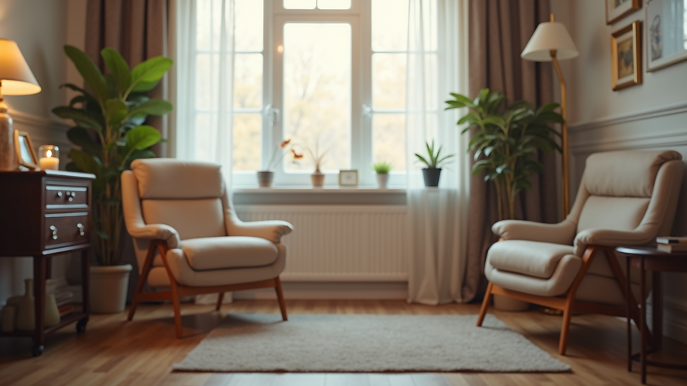 Eye-level view of a cozy therapist's office with a comfortable chair and soft lighting