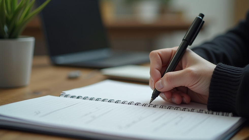 High angle view of a person writing in a CBT workbook