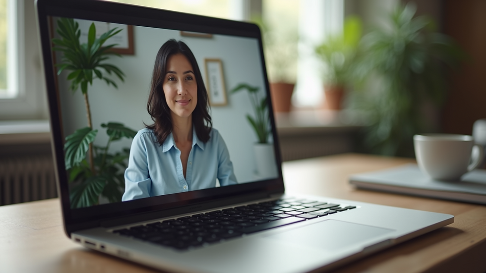 Close-up view of a laptop on a desk with a video call therapy session in progress