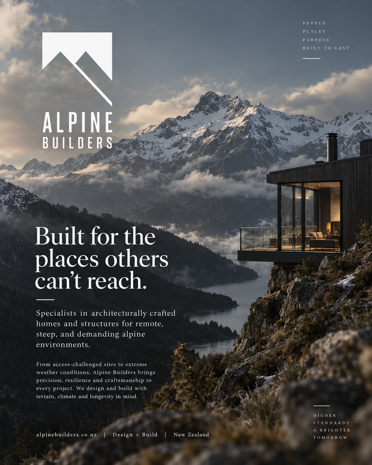 Alpine Builders brand ad with mountain landscape and architecture