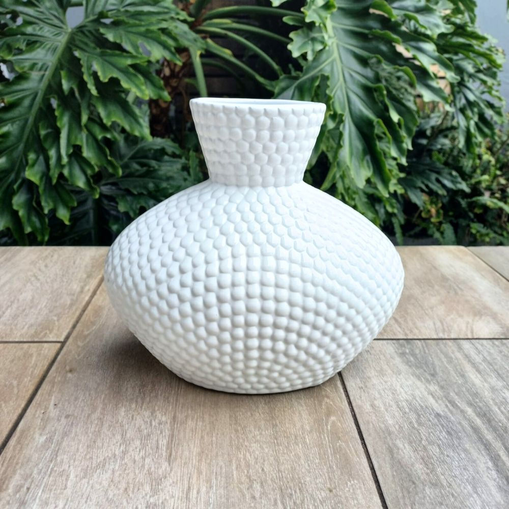 Studded Ceramic Oval Vase - White