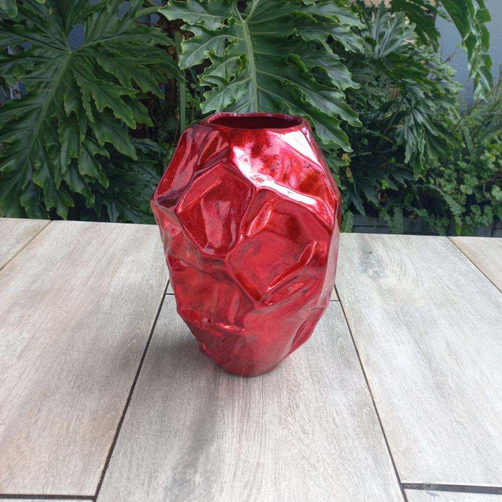 Crinkle Paper Ceramic Vase - Red