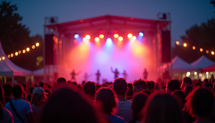 Eye-level view of a vibrant outdoor stage set up for a live music performance in Houston