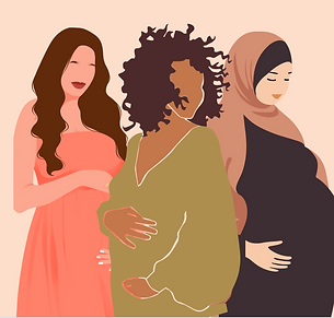 a diverse group of 6 pregnant individuals standing together and touching their bumps!