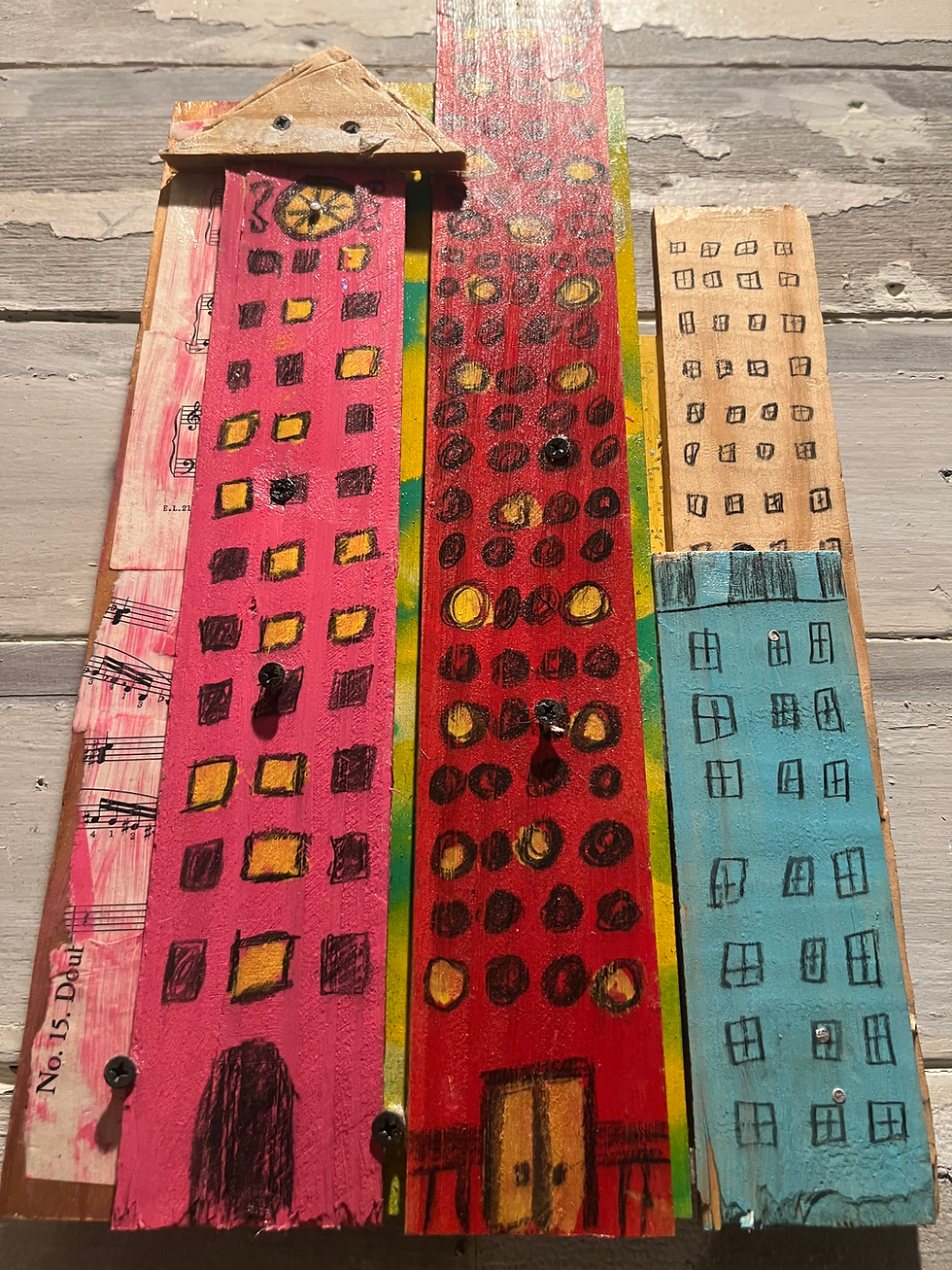 Thumbnail: Happy Town,  10” x 19”, art on reclaimed wood 